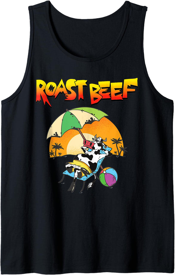 Love Summer and Roast Beef Roast Beef Cow On Beach Vacation Sun Tan Kids Men Women Tank Top - Black