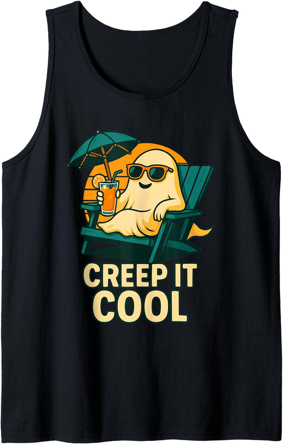 Spooky Summer Halloween Summerween Gifts Funny Ghost Summer Ghoul Halloween Summerween Creep it Cool Tank Top - Black