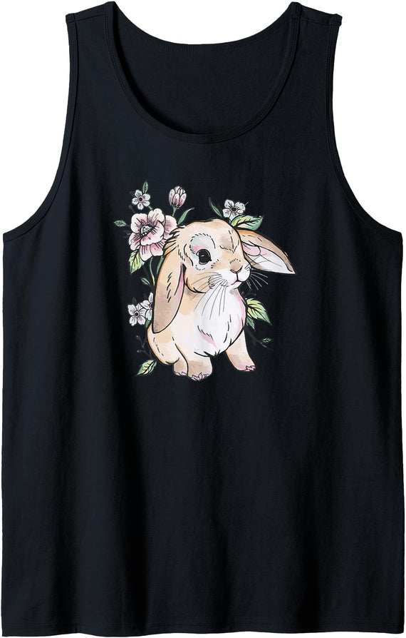 Cute Womens Watercolor Flowers Mini Holland Lop Rabbit Lover Hoodie in Black