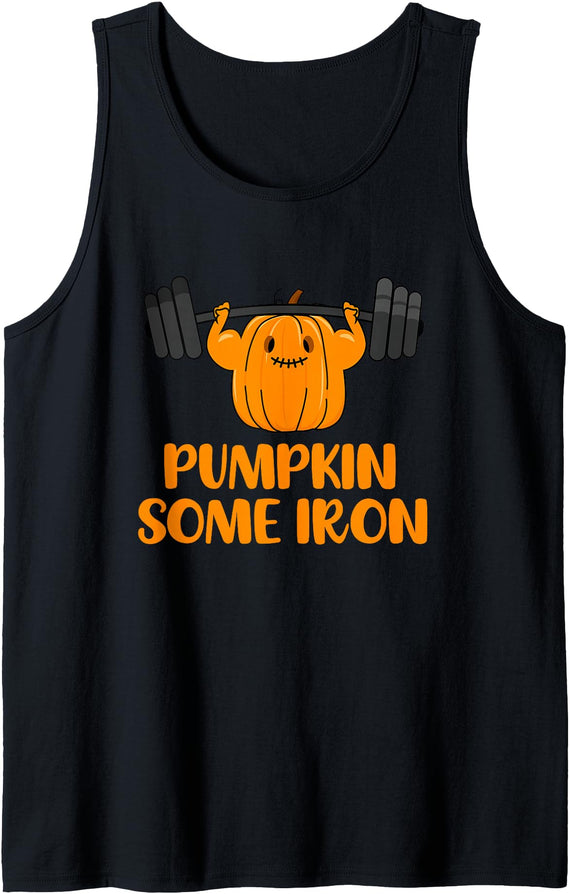 Pumpkin Iron Funny Halloween Workout Clothing Co Pumpkin Some Iron Funny Halloween Gym Workout Lifting Pun Tank Top - Black