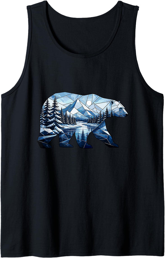 Wild Bear Mountain Forest Nature Landscape Geometric Polar Bear Winter Mountain Scene Tank Top - Black