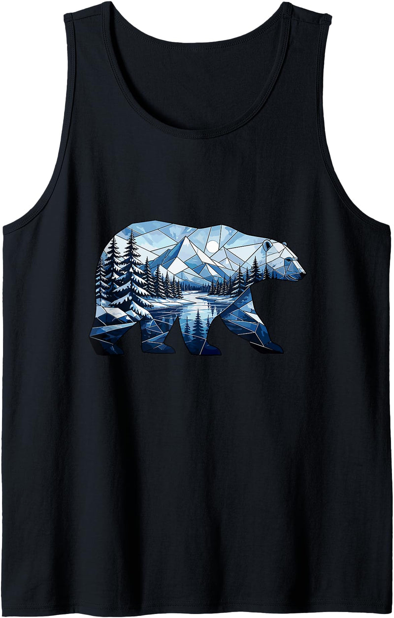 Wild Bear Mountain Forest Nature Landscape Geometric Polar Bear Winter Mountain Scene Tank Top - Black