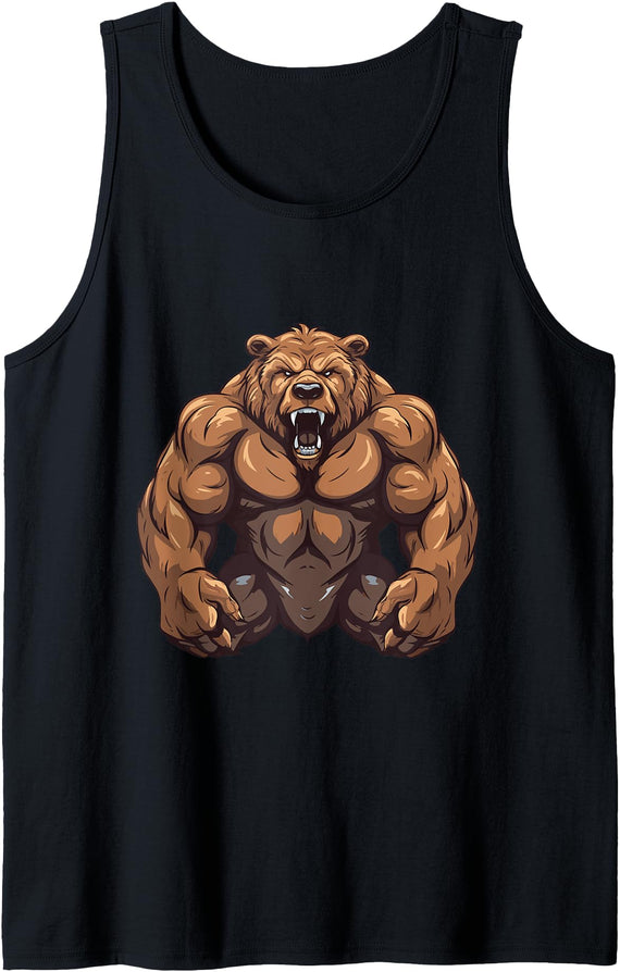 Workout Power Mood Inc Grizzly Bear WIth Muscles Workout Gym MMA Fighter Tank Top - Black