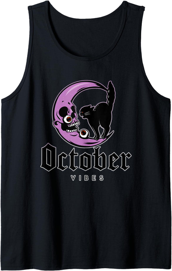 Night Creatures October Vibes Moon Black Cat Halloween Goth Gothic Tank Top - Black