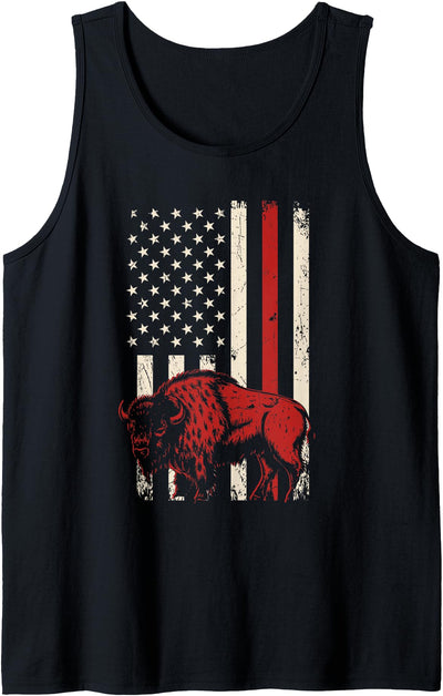 Cow Red Buffalo on Distressed American Flag Tank Top