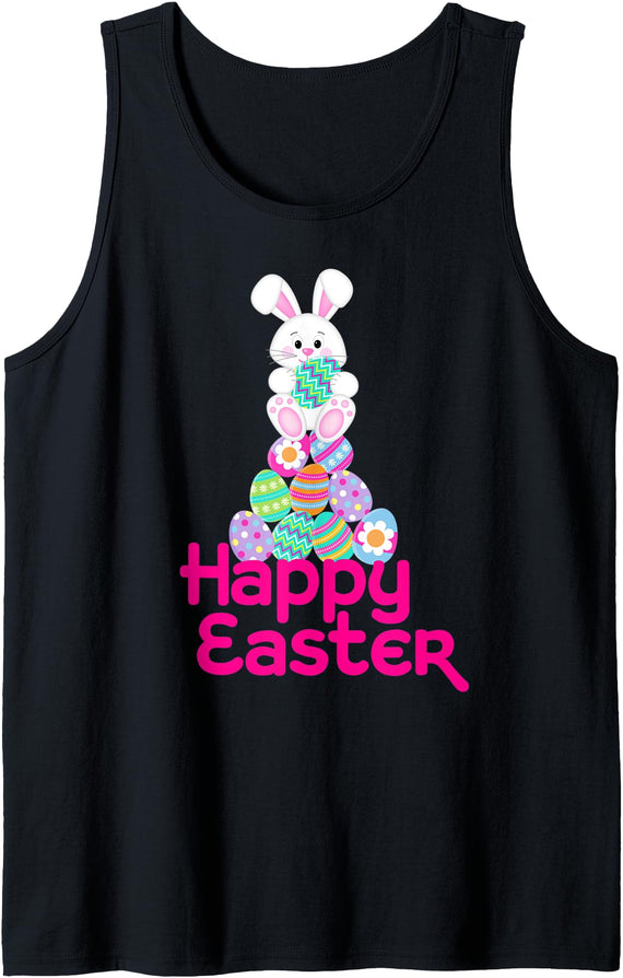 Happy Easter White Bunny on Pile of Eggs Easter Tank Top in Black