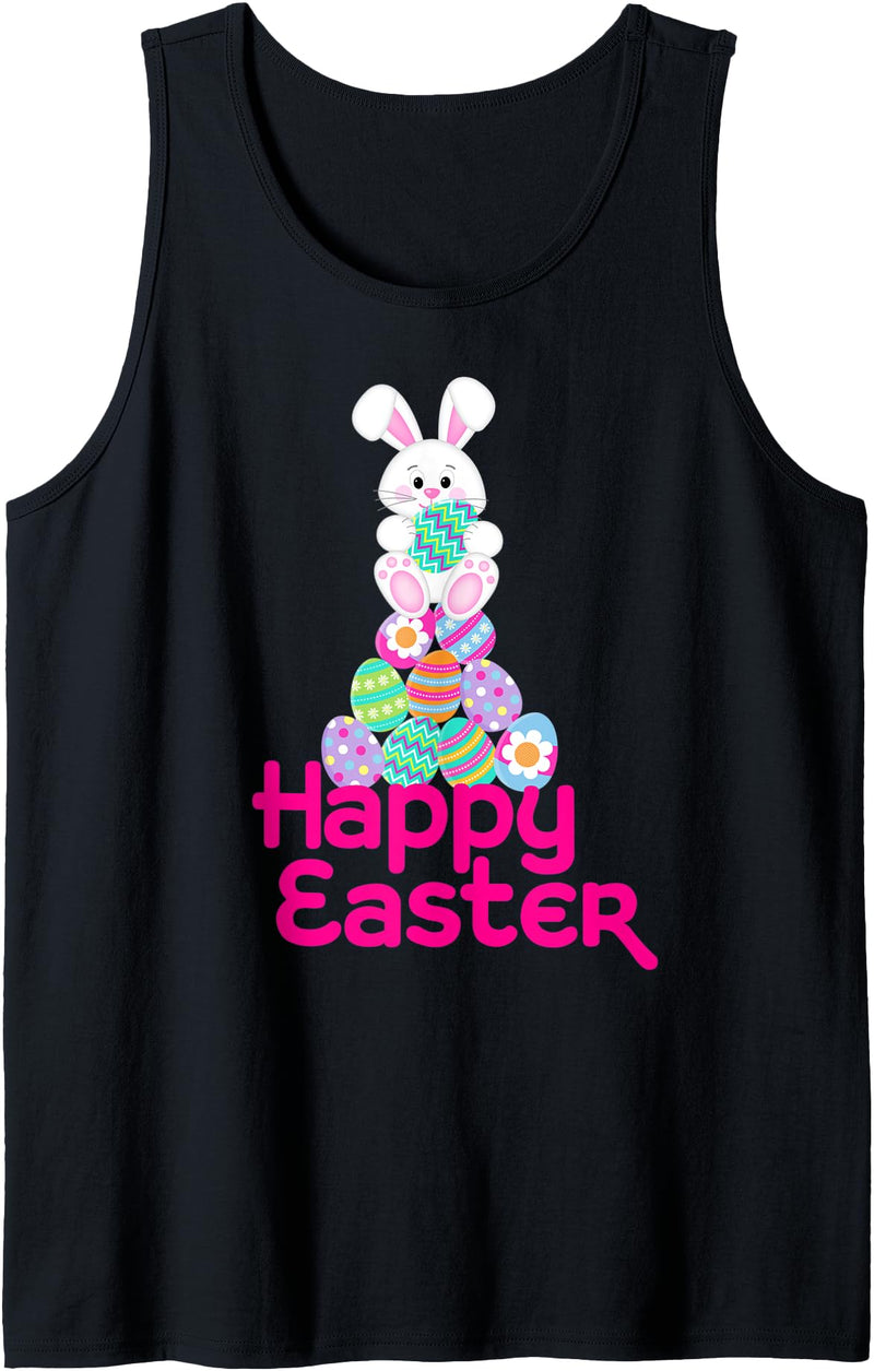 Happy Easter White Bunny on Pile of Eggs Easter Tank Top in Black