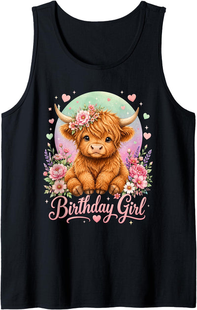 Adorable Highland Cow Birthday Girl Toddlers Teens Cute Tank Top