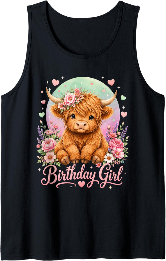 Adorable Highland Cow Birthday Girl Toddlers Teens Cute Birthday Girl for Highland Cow Lovers Party Outfit Tank Top - Black