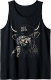 Hot Mess Highland Cow Funny Cute Coffee Lover Hot Mess Leopard Highland Cow Coffee Farm Animal Lover Tank Top - Black