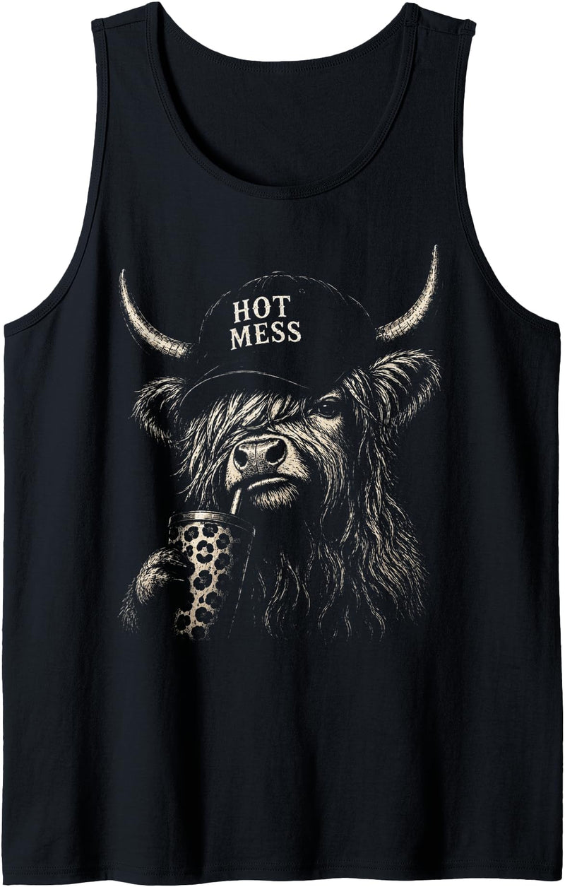 Hot Mess Highland Cow Funny Cute Coffee Lover Hot Mess Leopard Highland Cow Coffee Farm Animal Lover Tank Top - Black