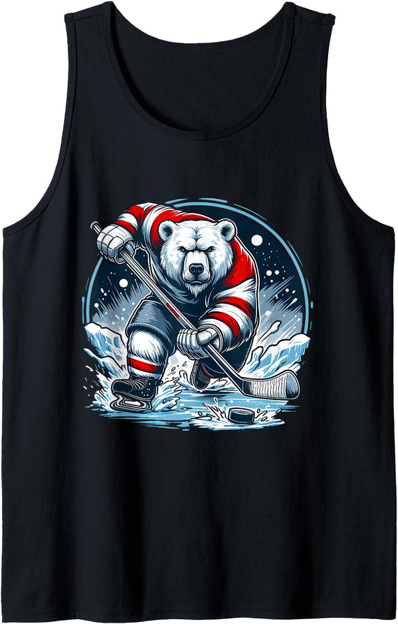 Hockey Player Love Polar Bear Hockey Bear on Ice: A Funny Polar Bear Playing Hockey Tank Top - Black