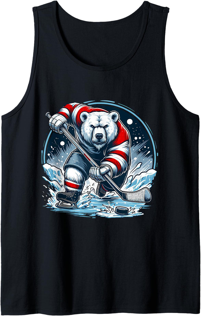Hockey Player Love Polar Bear Hockey Bear on Ice: A Funny Polar Bear Playing Hockey Tank Top - Black