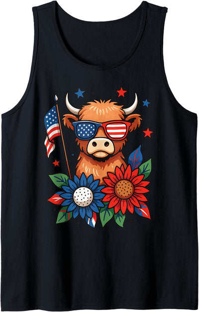Patriotic Highland Cow T-Shirt - Vintage Americana Design