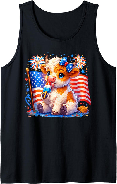 4th of July Highland Cow Popsicle Firework Cute Usa Flag Tank Top