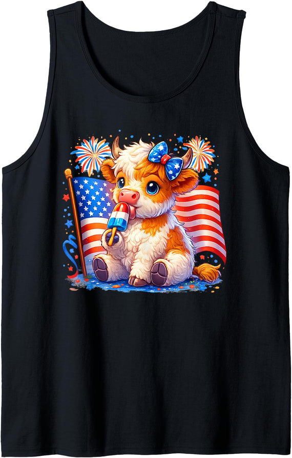4th of July Highland Cow Popsicle Firework 4th of July Cute Highland Cow Popsicle USA Flag Patriotic Tank Top - Black