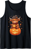 Spooky Highland Moo Crew Women Girls Tees Highland Cow Halloween Cute Pumpkin Autumn Womens Girls Tank Top - Black