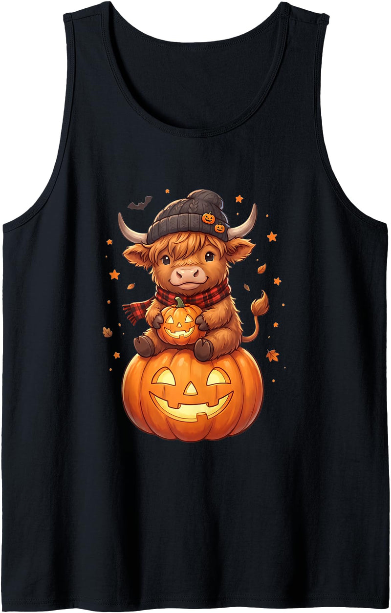 Spooky Highland Moo Crew Women Girls Tees Highland Cow Halloween Cute Pumpkin Autumn Womens Girls Tank Top - Black