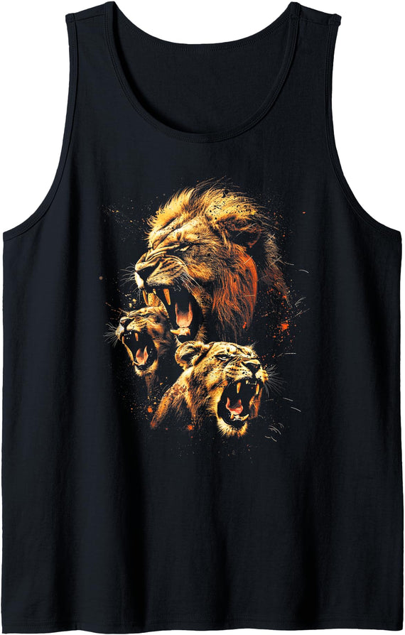 Wild animal art Fierce cats Big cat Lion pride Lion Father Cubs Roaring Roaring lion Jungle king Tank Top - As Pictured