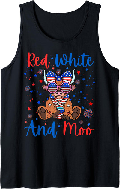 Kids Girls Red White and Moo Patriotic Highland Cow 4th Tank Top