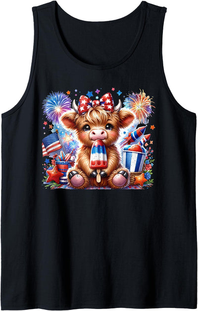 Highland Cow Costume Us Flag 4th of July Gifts Popsicle Tank Top