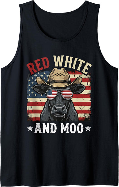 Red White and Moo Funny Cow American Flag Patriotic Tank Top