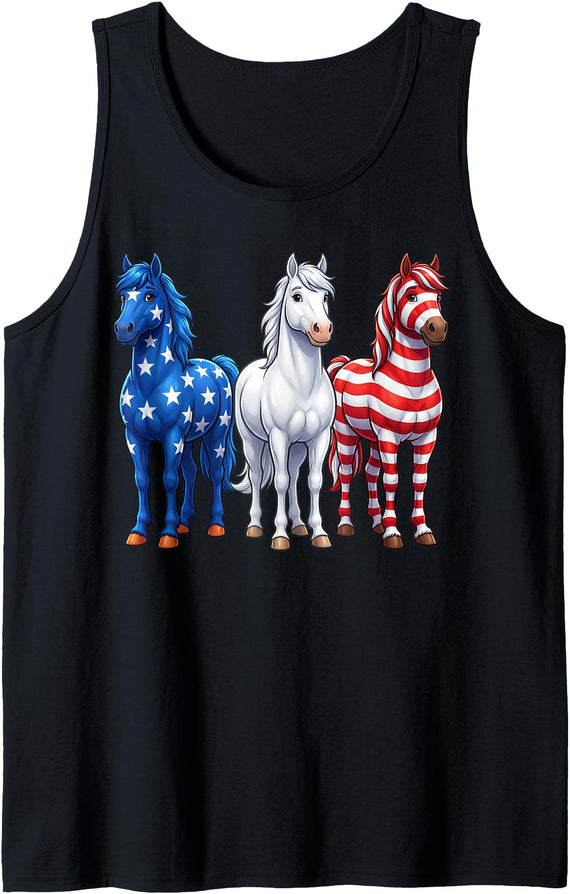 Patriotic Horse Flag 4th of July Farm Animals Gift Funny Patriotic Horses USA Flag 4th of July Horse Lover Tank Top - Black