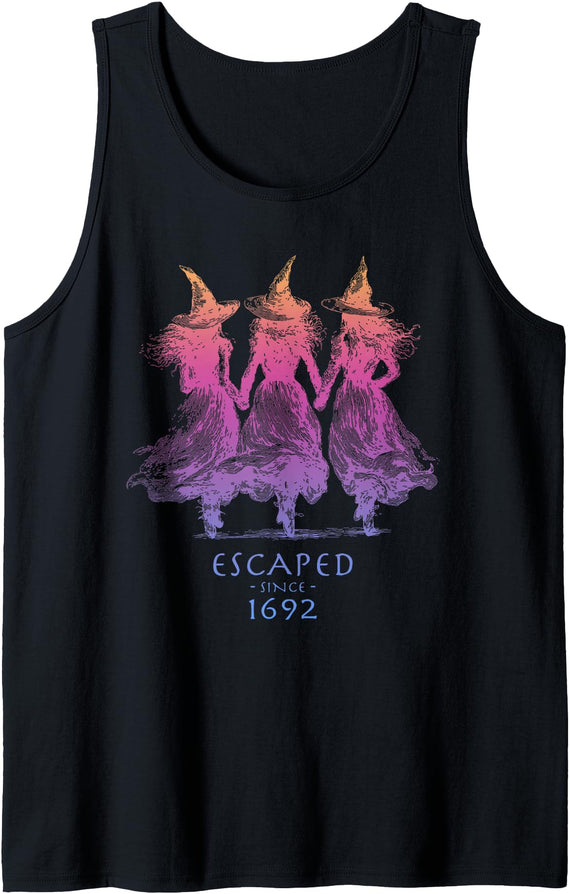 Escaped Since 1692 Halloween Escaped Since 1692 Funny Witch Halloween Design Tank Top - Black