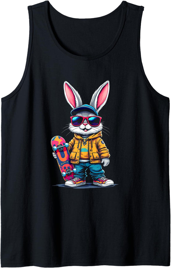 Cool Skateboarding Rabbit with Sunglasses Tank Top in Black