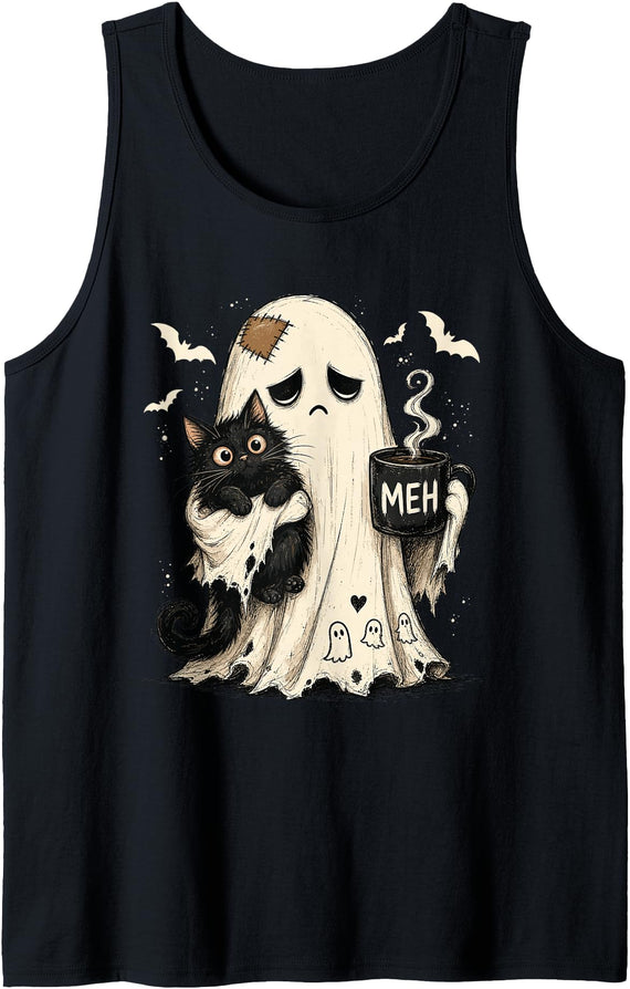 Ghost Cat Spooky Black Cat Halloween Coffee Lover Meh Ghost Cat Spooky Black Cat Funny Halloween Coffee Lover Tank Top -