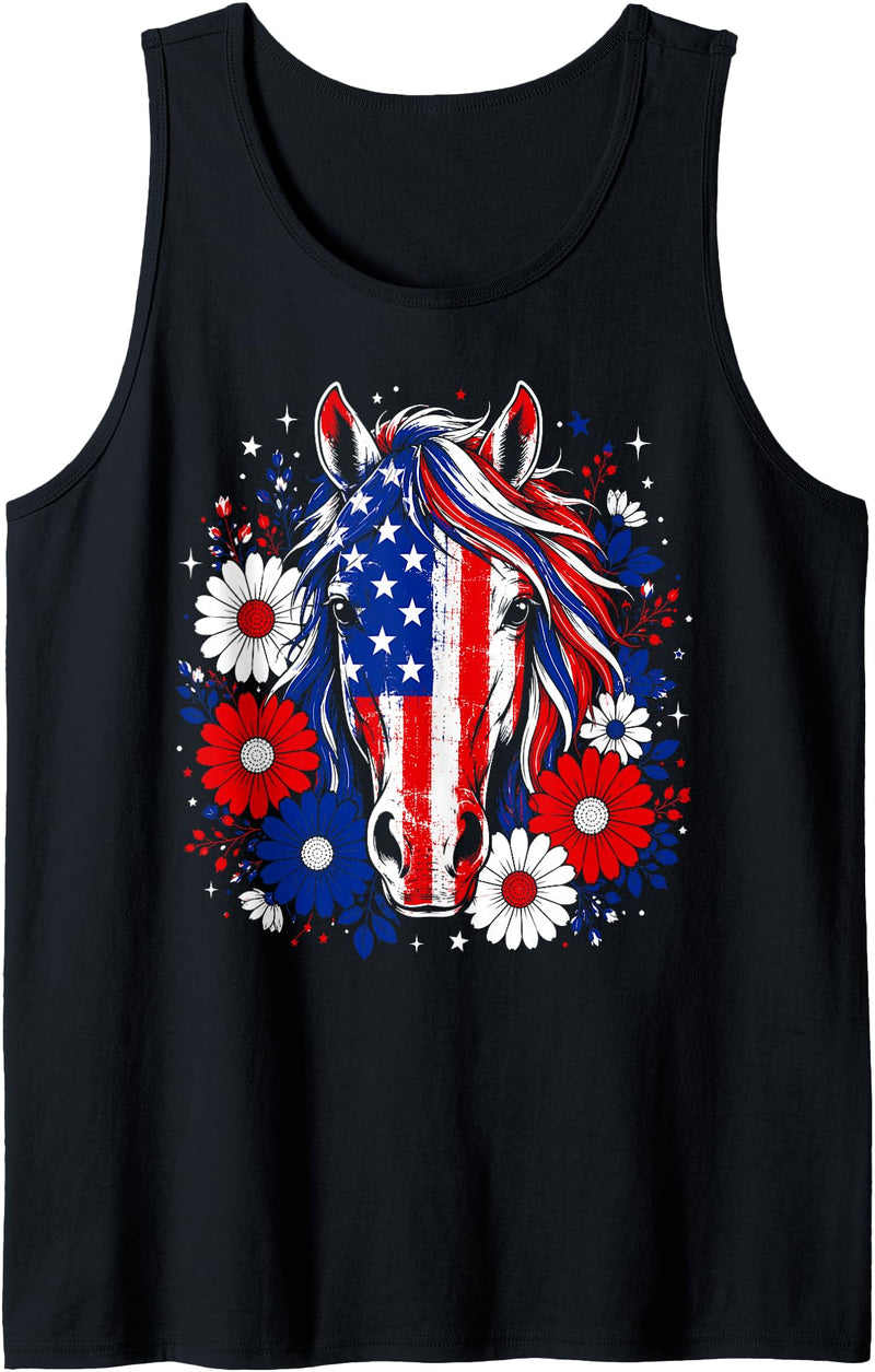 Pride Horse Lover American Flag Independence Day Patriotic Horse USA Flag Daisy Flowers 4th of July Summer Tank Top - Black