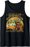 Funny Camping Bear Drinking Beer Design Welcome to Camp Quitcherbitchin Funny Camping Retro Sunset Tank Top - Black