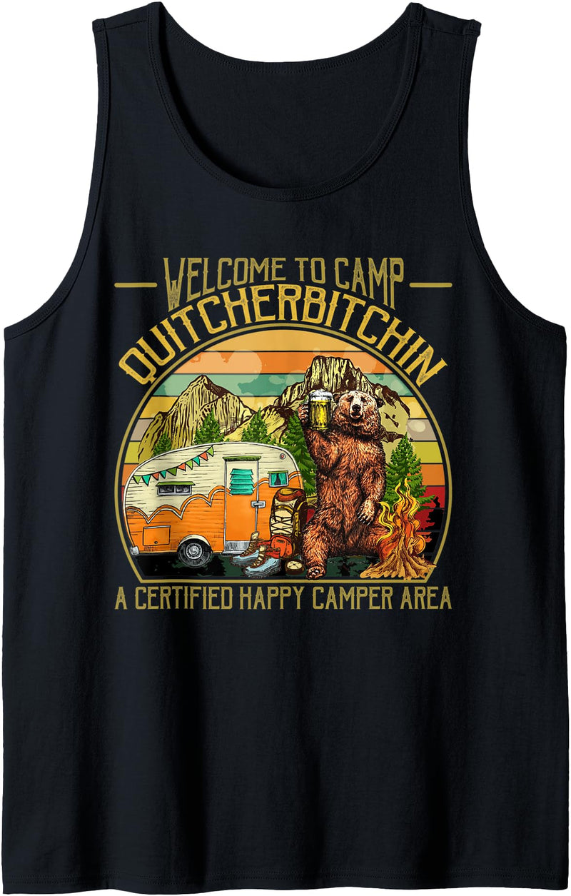 Funny Camping Bear Drinking Beer Design Welcome to Camp Quitcherbitchin Funny Camping Retro Sunset Tank Top - Black