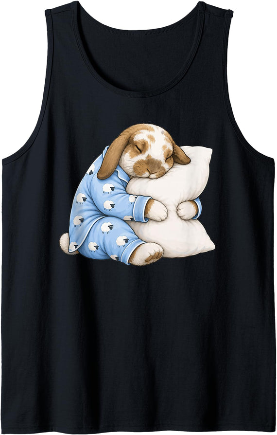 Holland Lop Rabbit Sleeping in Cute Pajamas Sleep Tank Top in Black