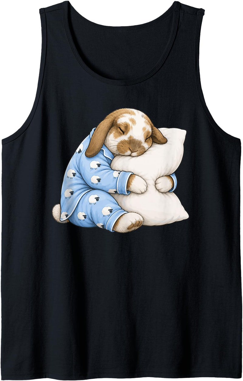 Holland Lop Rabbit Sleeping in Cute Pajamas Sleep Tank Top in Black