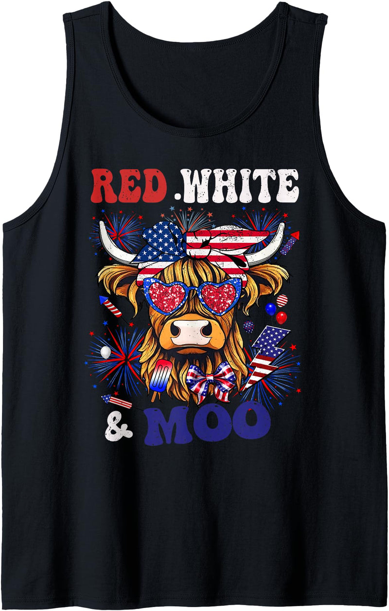 Funny 4th of July Highland Cow Patriotic outfit Highlander Cow 4th Of July American Red White Blue Moorica Tank Top - Black