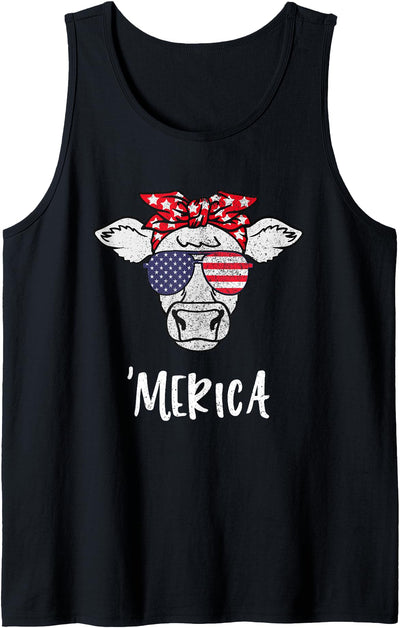 Funny Merica Cow America 4th of July Retro Vintage Merica Tank Top