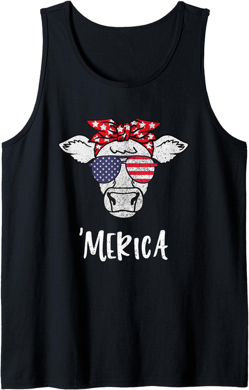 Funny Merica Cow America 4th Of July Retro Vintage Merica American Cow American Flag Retro Vintage Patriotic Tank Top - Black