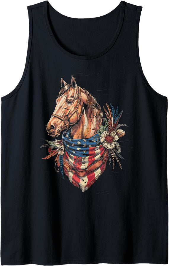 American Flag Horse Tshirt Women Girl Men Rodeo American Flag Horse Riding Tshirt Women Country Patriot USA Tank Top - Black