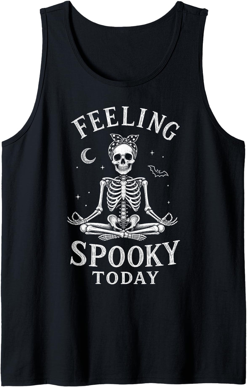 Funny Halloween Designs by FunWearVM Feeling Spooky Today Skeleton Yoga Lotus Pose Halloween Tank Top - Black