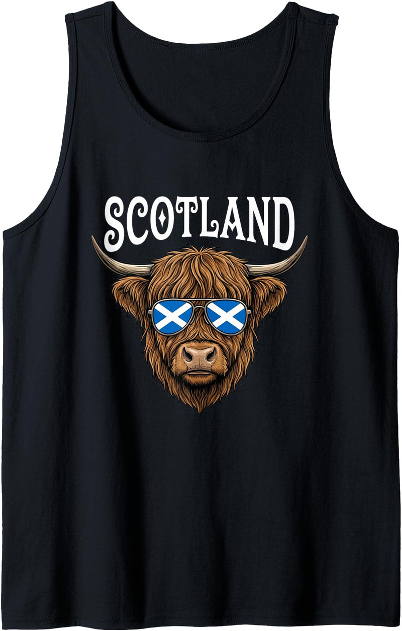 Scottish Scotland Designs By LBOL Scotland Highland Cow Sunglasses Saltire Flag Tank Top - Black