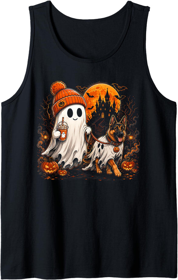 Halloween Ghost German Shepherd Fall Pumpkin Dog Funny Ghost Walking German Shepherd Halloween Dog Lover Tank Top - Black
