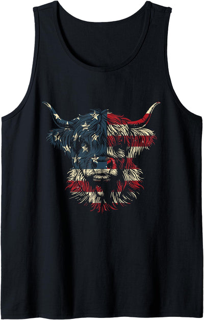 Highland Cow American Flag Patriotic Cattle Farmer Farm Tank Top