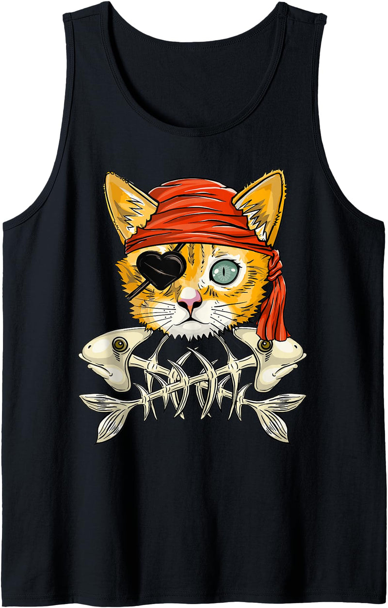 Halloween Cat A107 Pirate Shirts Jolly Roger Flag Skull and Crossbones - Funny Cat Pirate Tank Top - Black