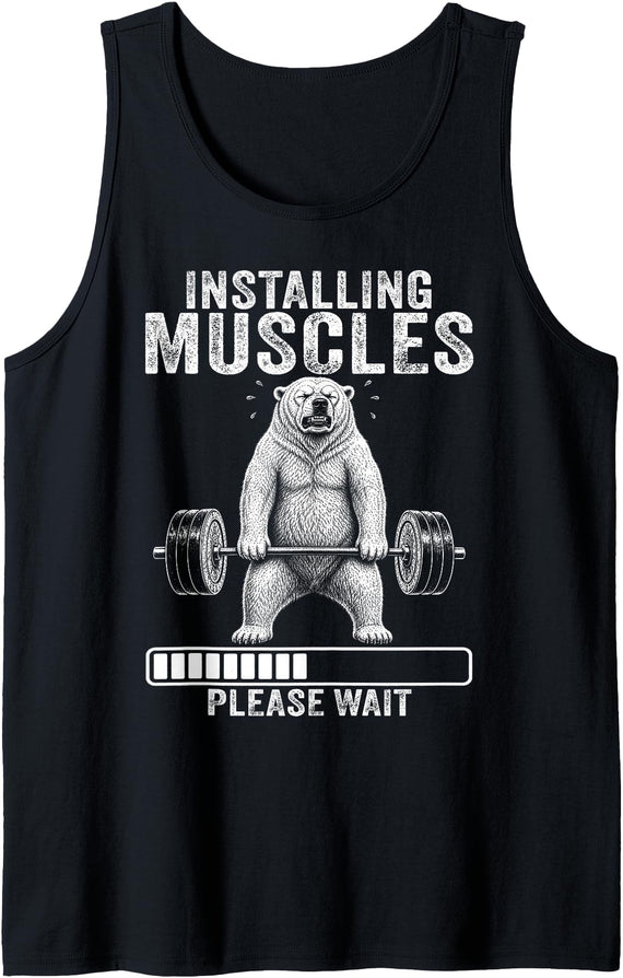 Funny Polar Bear Fitness Deadlift Workout Installing Muscles Please Wait Polar Bear Gym Tank Top - Black