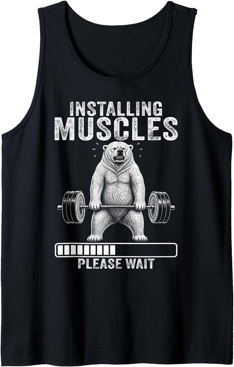 Funny Polar Bear Fitness Deadlift Workout Installing Muscles Please Wait Polar Bear Gym Tank Top - Black