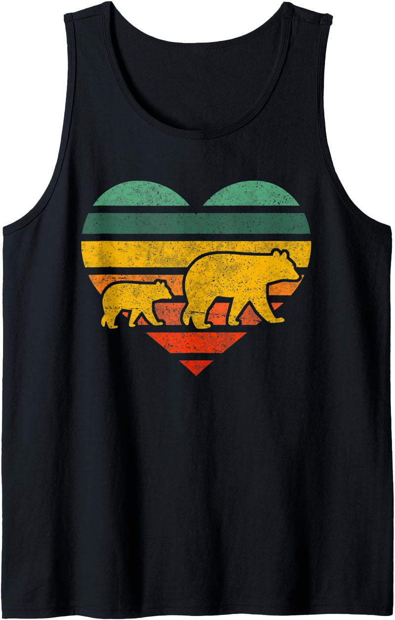 Mama Bear One Cub Retro Heart Mothers Day Gift Tank Top - Black