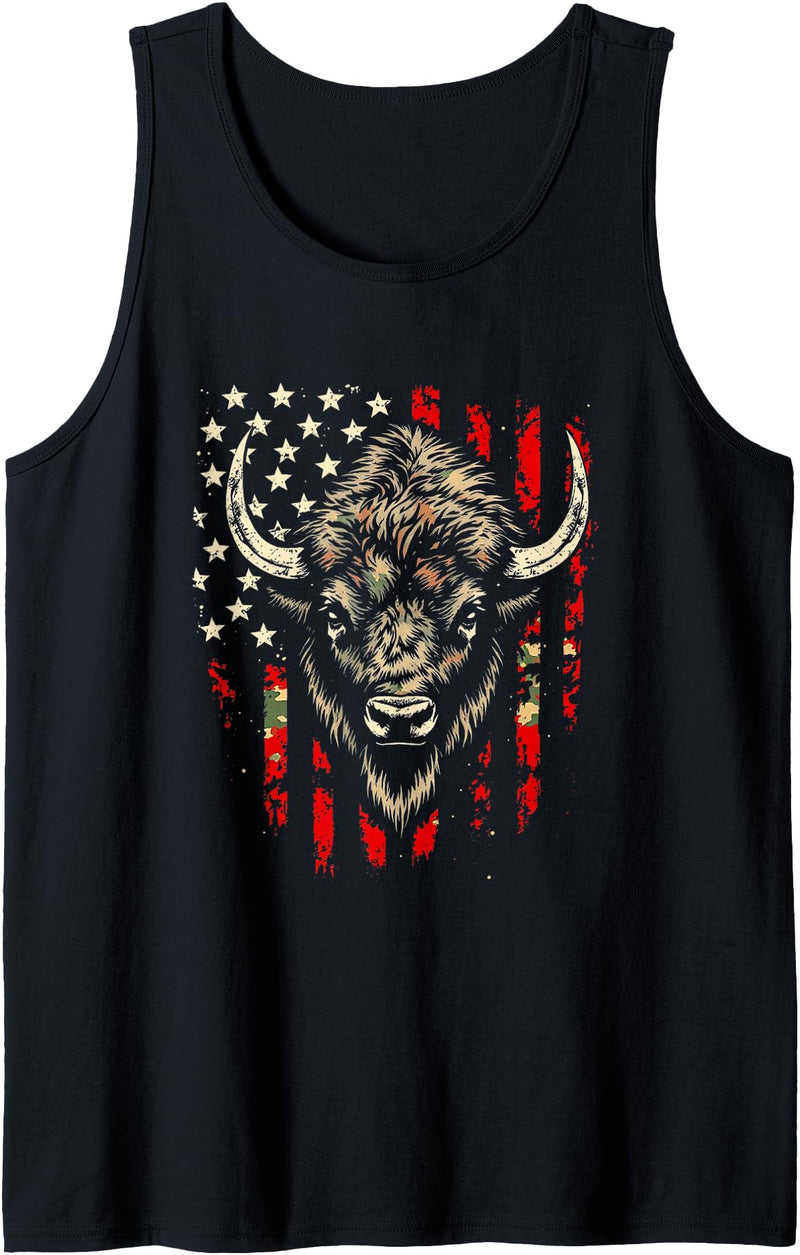 Buffalo on American Flag - Vintage Patriotic Style Tank Top - Black
