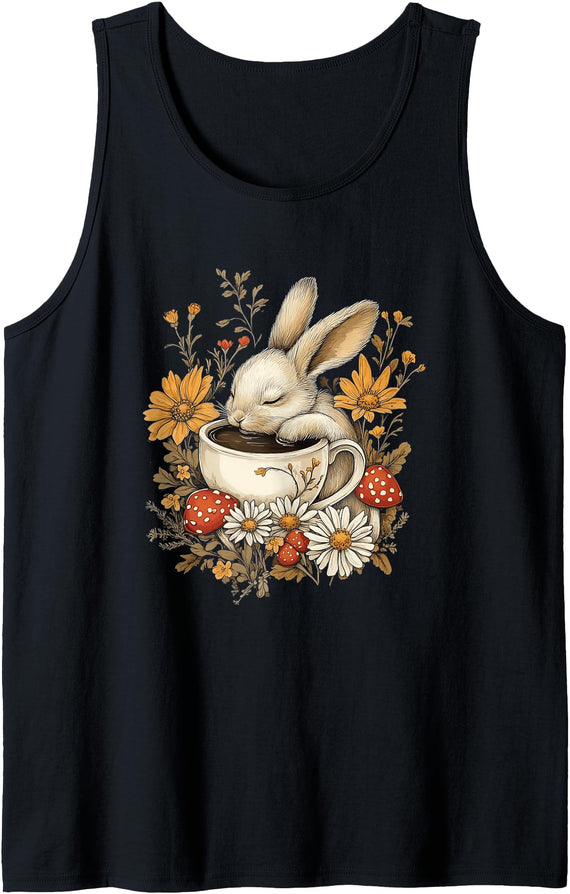 Bunny Tea Cup Women Girl Aesthetic Tank Top in Black