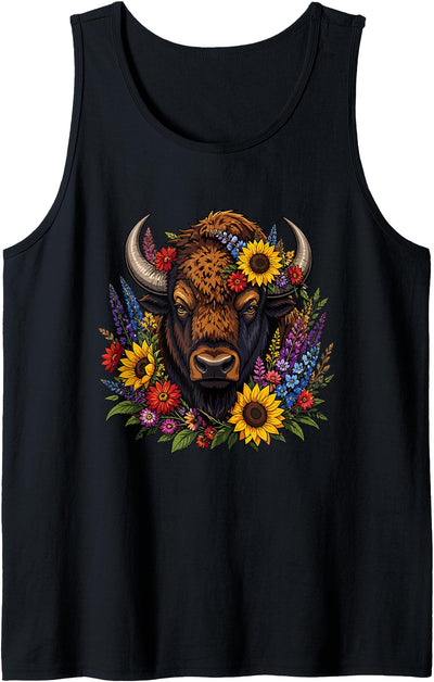 Western Bison Buffalo Sunflower Floral Nature Boho Buffalo Tank Top